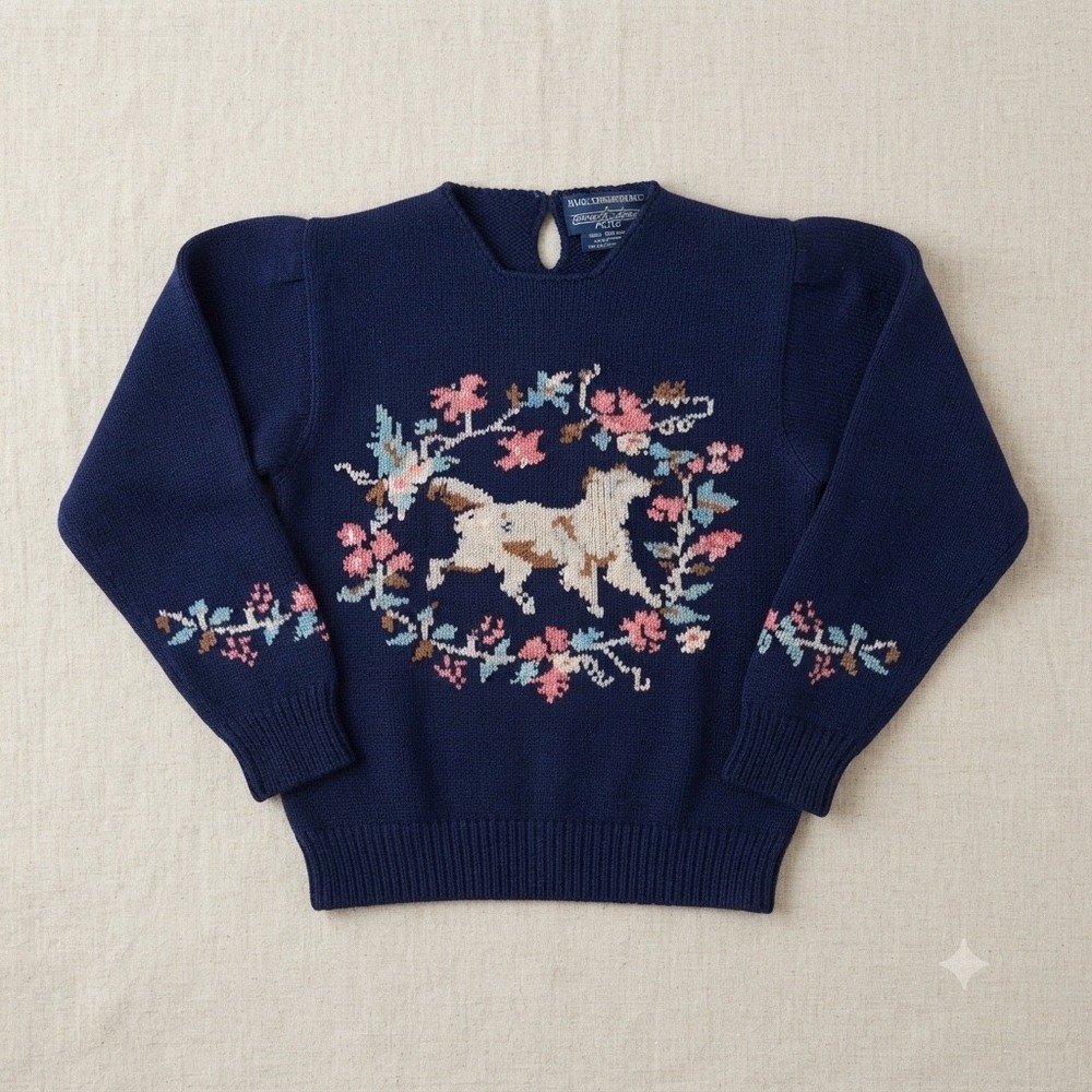 Herman Geist Petites Navy Shetland Wool Hand Embroidered Dog Floral Sweater M
